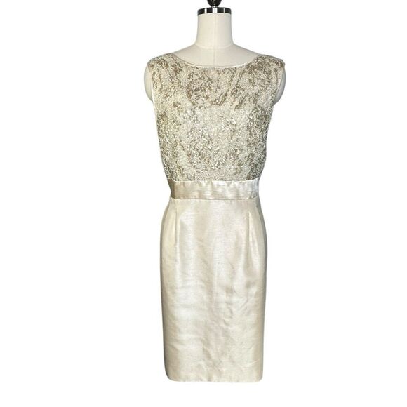 Tahari ASL Cream Shantung Sequin Lace Sheath Cocktail Dress | 16 - Picture 1 of 8